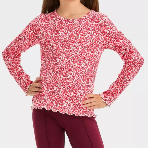 Long Sleeve Ribbed T-Shirt Top Cat & Jack Pink Red Floral Print Girls L 10 / 12 - Picture 1 of 3